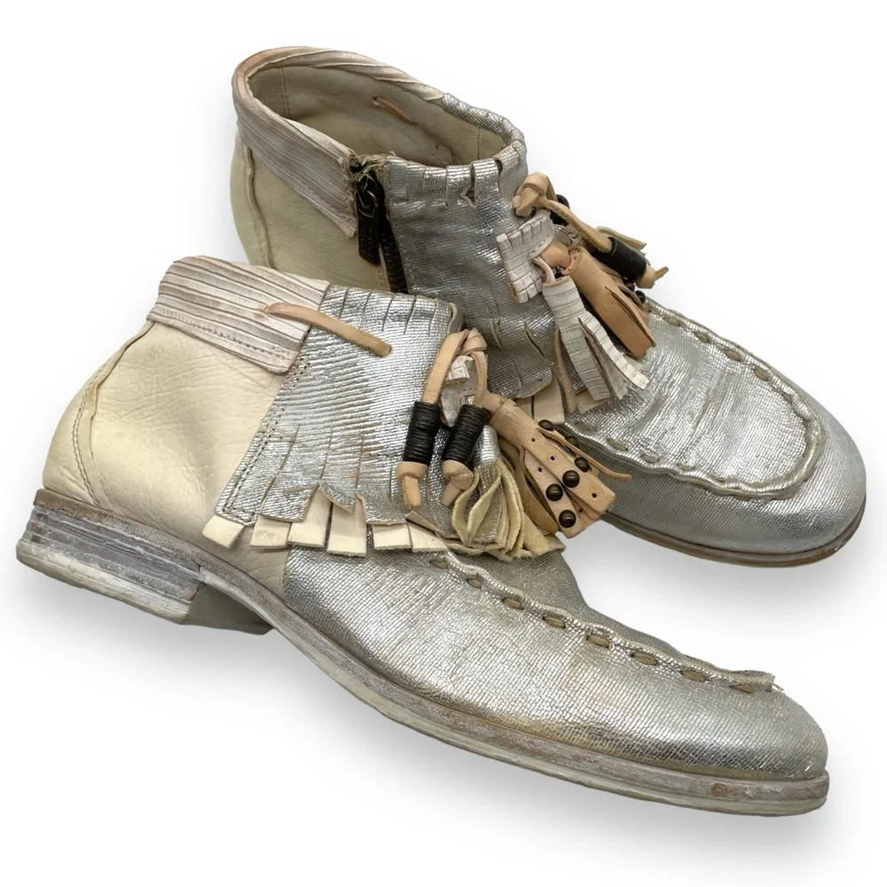 A.S 98 Metallic Silver & Cream Fringe Leather Ankle Boots